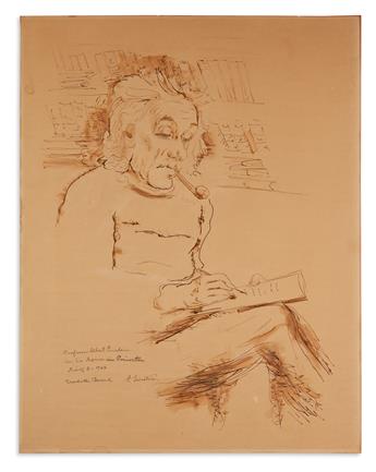 (SCIENTISTS.) EINSTEIN, ALBERT. Half-length portrait in ink and wash by Charlotte Berend-Corinth Signed at lower left, A. Einstein, s